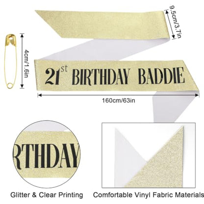 Gold Glitter 21st Birthday Sash - Baddie Party Decoration for Women & Men