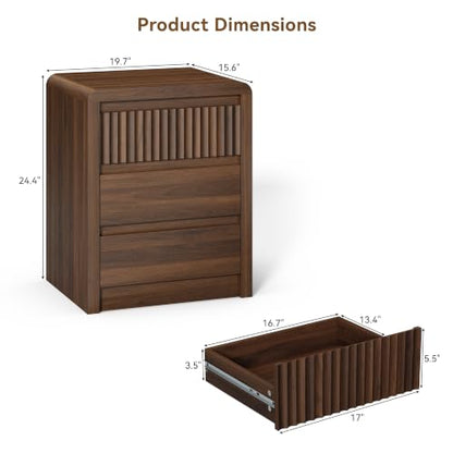 Walnut Fluted Nightstand Set of 2 with 3 Drawers - 24.4 in Tall End Tables