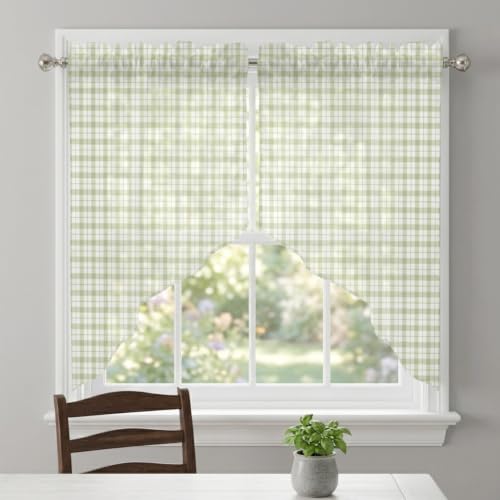 Sage Green Checkered Swag Curtains 28W x 36L Set - Farmhouse Semi-Sheer Window Valances