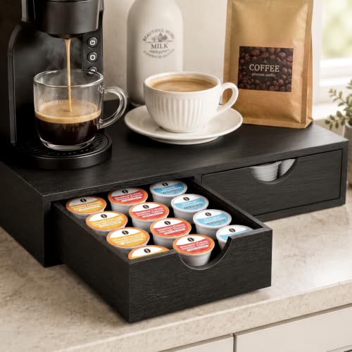 Wooden K Cup Holder with 36 Pod Capacity - Black Coffee Organizer Drawer
