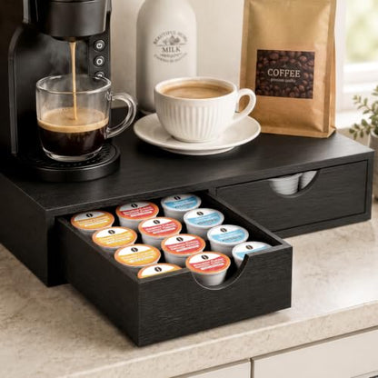 Wooden K Cup Holder with 36 Pod Capacity - Black Coffee Organizer Drawer