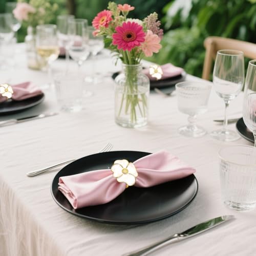 Camellia Flower Napkin Rings Set of 6 - White & Gold Elegant Table Decor