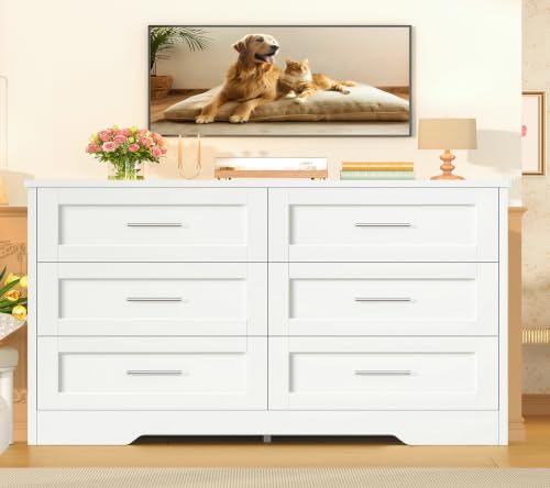 White 6-Drawer Dresser for Bedroom Modern Wooden Storage Organizer