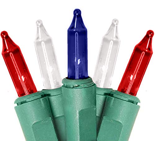 Patriotic Christmas Lights - 100 Count, 24 Feet, Static & Blinking Modes - Green Wire