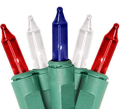 Patriotic Christmas Lights - 100 Count, 24 Feet, Static & Blinking Modes - Green Wire