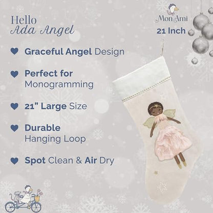 Ada Angel Linen Christmas Stocking - 21-Inch Monogram-Ready Holiday Decor