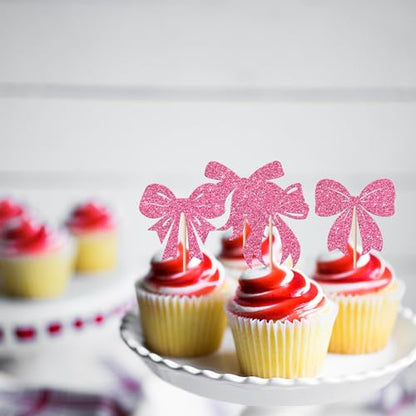 Pink Christmas Bowknot Cupcake Toppers 24 Pack - Holiday Party Decorations