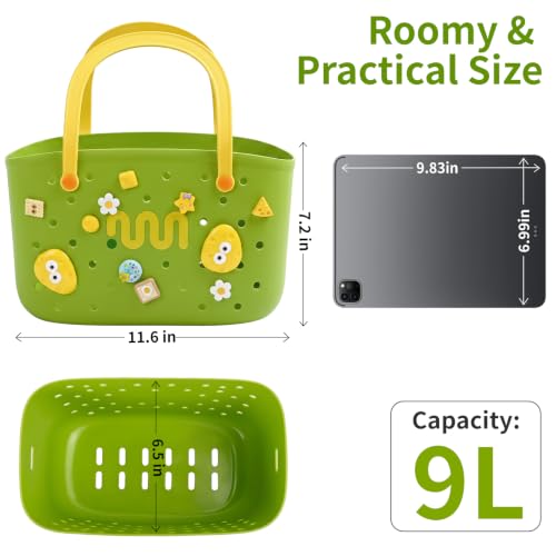 Green Bathtub Toy Storage Basket with Hooks Handles and Quick Drain