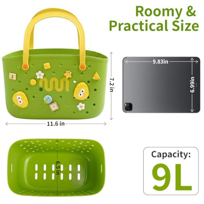 Green Bathtub Toy Storage Basket with Hooks Handles and Quick Drain