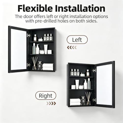 Recessed & Surface Mount Mirror Medicine Cabinet - Moistureproof Black Iron Bathroom Storage, 14x24 Inches