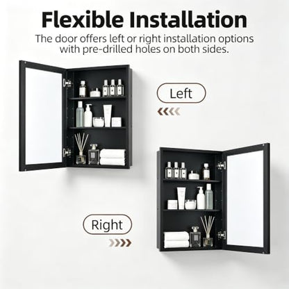 Recessed & Surface Mount Mirror Medicine Cabinet - Moistureproof Black Iron Bathroom Storage, 14x24 Inches
