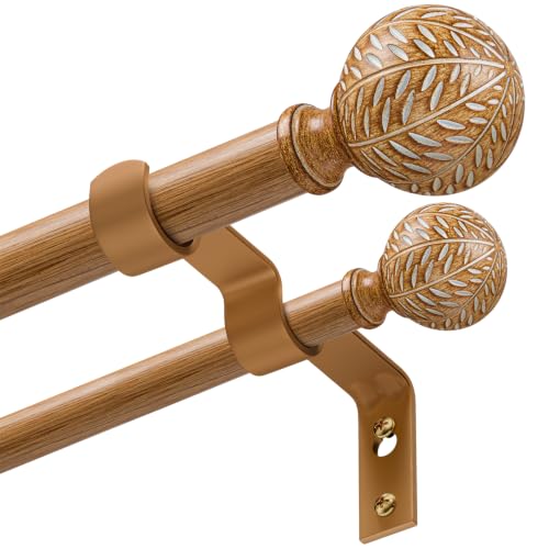 Wood Heavy Duty Double Curtain Rod 72-144 Inch Adjustable 1 Inch Diameter - Faux Wood Grain Finish - Bohemian Style