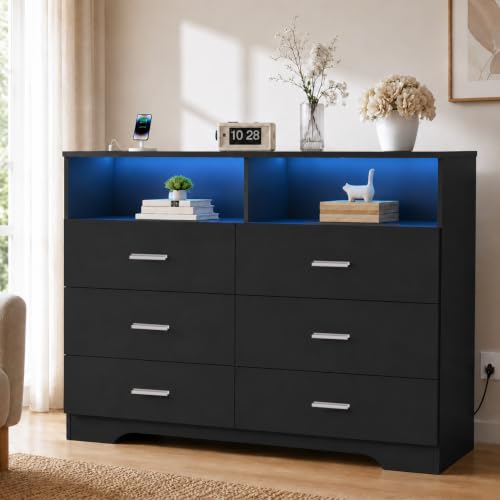 Black 6-Drawer Dresser with LED Lights & Power Outlets - Wooden Bedroom Storage