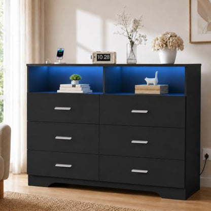 Black 6-Drawer Dresser with LED Lights & Power Outlets - Wooden Bedroom Storage