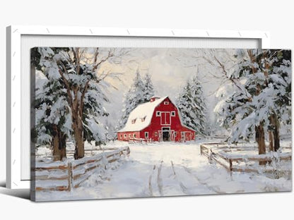 Winter Scene Canvas Wall Art - Farmhouse Rustic Red Barn Snowy Landscape, 15 x 24 Inches - Holiday & Seasonal Decor
