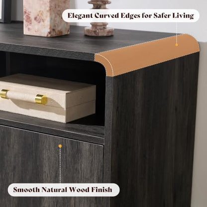 Amerlife 70-Inch Modern Curved TV Stand with Storage - Black, Flat Panel