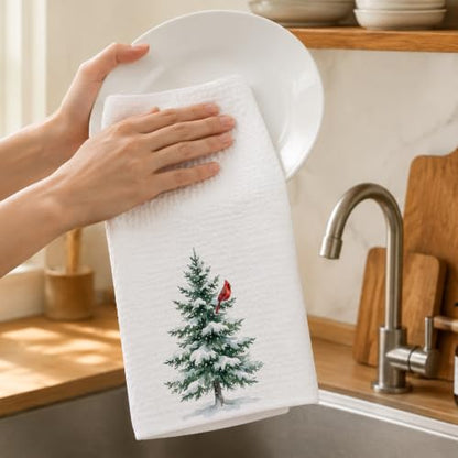 Christmas Tree Red Cardinal Kitchen Dish & Hand Towels Set of 2 - 16x24 Inches