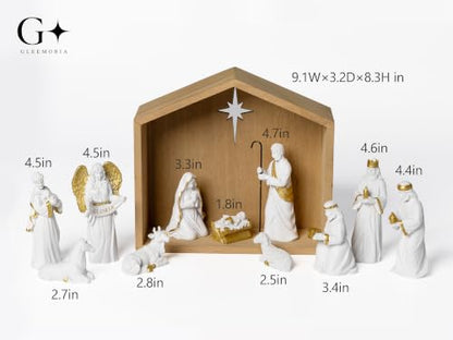 White 12-Piece Nativity Scene Set with Wooden Stable - Religious Holiday Decor