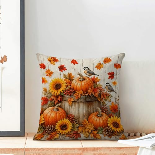 Fall Decor Pillow Covers 18x18 Set of 2 Pumpkin Sunflower Autumn Farmhouse Cushion Cases