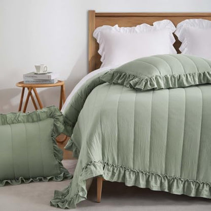 Sage Green Ruffle Queen Quilt 3 Piece Bedspread Set - Lightweight & Soft