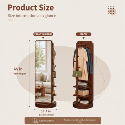Walnut 360 Rotating Floor Mirror with Coat Rack - 2 Pieces