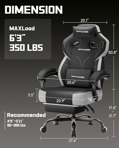GTPLAYER Big & Tall Gaming Chair Charcoal 13 Wide Seat with Footrest