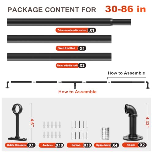 Adjustable Industrial Curtain Rod Black 30-86 Inch Wrap Around Wall Mount