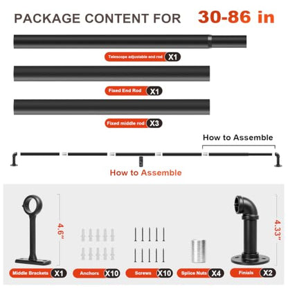 Adjustable Industrial Curtain Rod Black 30-86 Inch Wrap Around Wall Mount