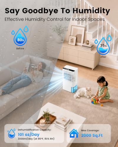 2000 Sq.Ft Home Dehumidifier with Drain Hose & Water Tank - Quiet, Auto Shut Off
