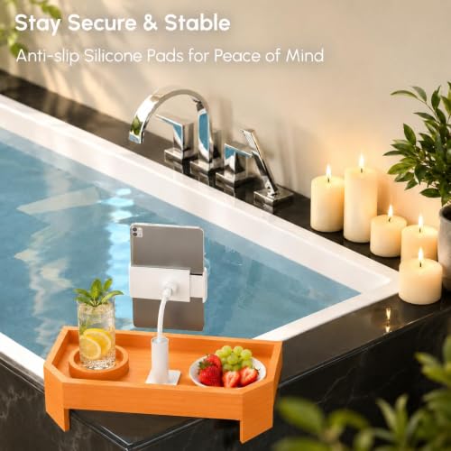 Orange Bamboo Hot Tub Tray with Adjustable Phone Holder & Drink Stand