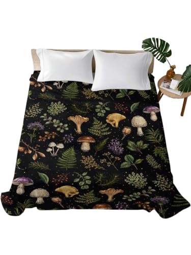 Queen Flat Sheet Mushroom Leaves Microfiber Bed Sheets with Variations - Espresso Brown, Sage Green, Ochre, Tan