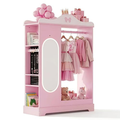 Kids Lighted Mirror Armoire - Pink Dress-Up Closet with Jewelry Storage