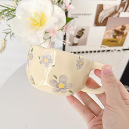Blue Flower Ceramic Mug - Cute Floral Coffee Cup for Office & Home - 8.5oz