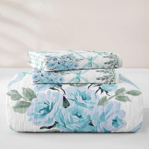 Light Blue Full Size Quilt Set with Floral Print - All Season Bedding for Kids & Teens