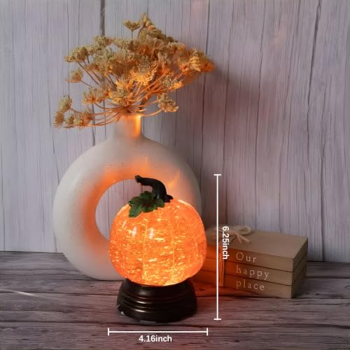 Glitter Lighted Pumpkin Snow Globe - 2PCS Halloween Fall Decor with Warm Orange LED