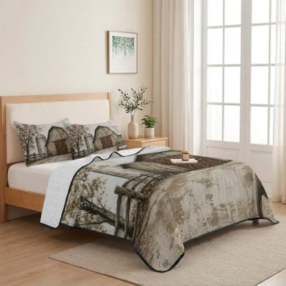 Brown Farmhouse Wood Barn Quilts Twin XL Comforter Set - Rustic Vintage Bed Bedding