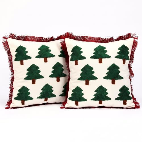 Christmas Pillow Covers Set of 2 - 18x18 Inch Tree Embroidered Throw Pillowcases with Tassels