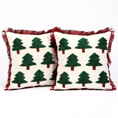 Christmas Pillow Covers Set of 2 - 18x18 Inch Tree Embroidered Throw Pillowcases with Tassels