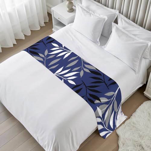 King Size Navy Blue Grey Botanical Bed Runner 94x20 Inches Tropical Foliage Decor