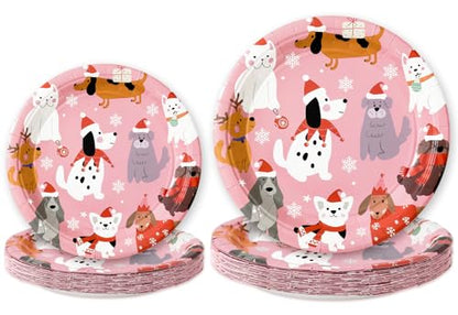 Christmas Dog Paper Plates Set - 9 & 7 Inch Pink Puppy Party Supplies, 30 Pcs - Variation: Christmas Dog