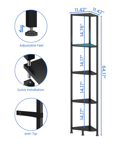 65-Inch Corner Shelf with LED Spotlight 5-Tier Industrial Display Black