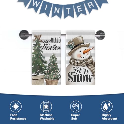 Hello Winter Snowman Kitchen Dish Towels Set of 2 - Festive Farmhouse Decor