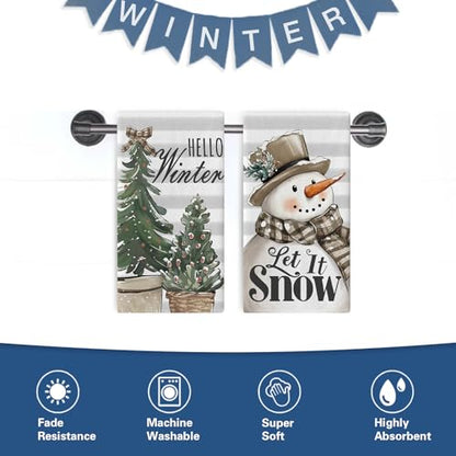 Hello Winter Snowman Kitchen Dish Towels Set of 2 - Festive Farmhouse Decor