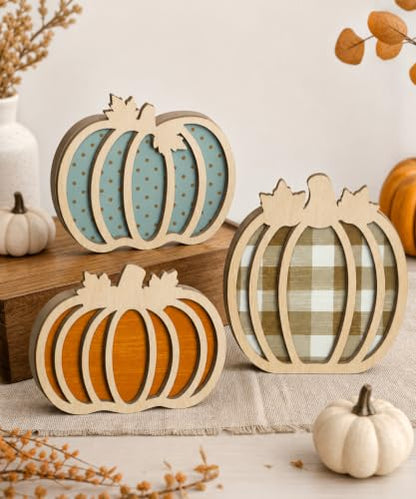 Putuo Decor 3pcs Fall Pumpkin Table Decorations - Orange Blue Plaid Variation