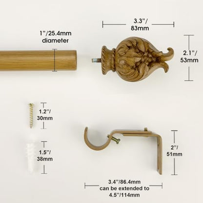 Faux Wood Curtain Rod 72-144 Inches Telescoping Heavy Duty with Finials