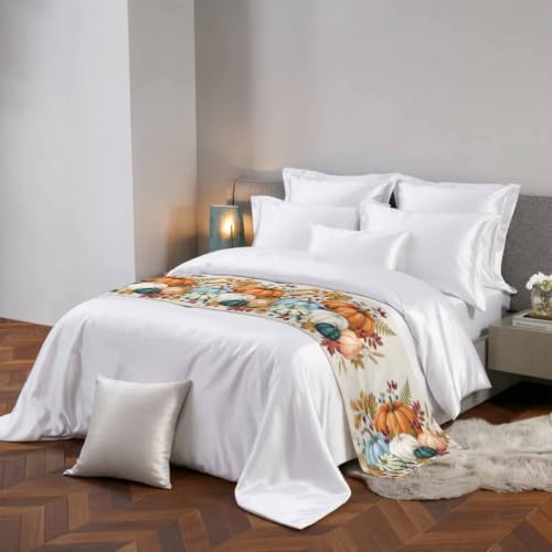 Fall Pumpkin Bed Runner for King Size Bed - 94x20 Inches, Orange, Beige, Green, Farmhouse Decor