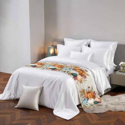 Fall Pumpkin Bed Runner for King Size Bed - 94x20 Inches, Orange, Beige, Green, Farmhouse Decor