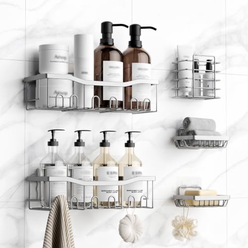 Brushed Stainless Steel Shower Caddy Adhesive Set - Rustproof Bathroom Organizer with Soap Holders - Silver