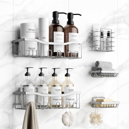Brushed Stainless Steel Shower Caddy Adhesive Set - Rustproof Bathroom Organizer with Soap Holders - Silver