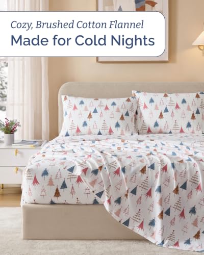 Christmas Flannel Bed Sheet Set - 100% Cotton, Split King, Trees Design
